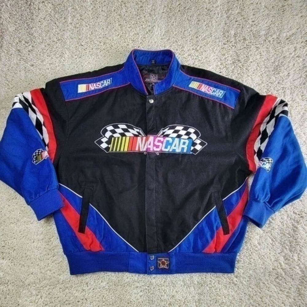 JH Design NASCAR Racing Jacket Mens 2XL Black Blue Cotton Twill Vintage Bomber